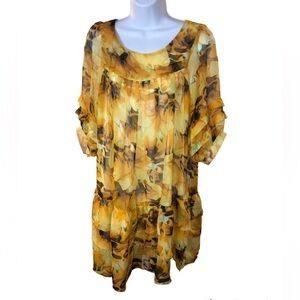 Retro Mini Dress Orange Yellow Brown Flowy Ruffles Puff Sleeve Silk Chif…